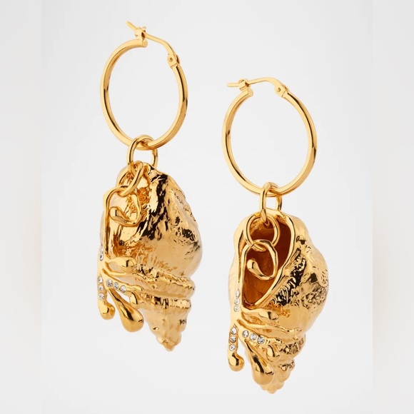 NWT Oscar de la Renta 24K-Gold-Plated & Crystal Shell Hoop Drop Earrings - Picture 2 of 8
